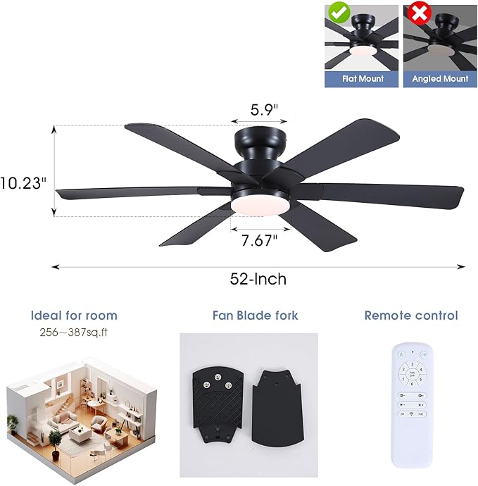 52" Low Profile Ceiling Fans with Lights and Remote, Black Indoor Ceiling Fan Light with Quiet Reversible DC Motor,Modern Flush Mount Ceiling Fans with Dimmable LED for Bedroom Kitchen