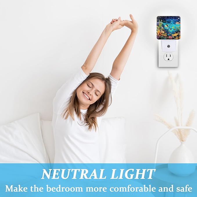 Underwater World Fish Night Light, Plug-into Wall Sea Ocean Animals Nightlight Lamp with Dusk to Dawn Sensor, Led Lamp 0.5W Energy Efficient for Boys Girls Adults Home Decor