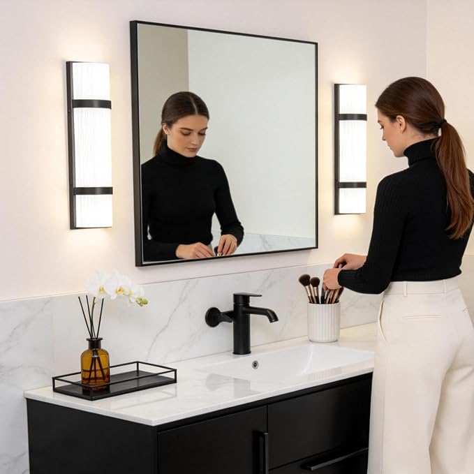 LED Bathroom 16 Inch Vanity Lighting Fixtures | CRI 90 4000K Matte Black Wall Sconces Set of Two with White Frosted Glass Lamp Shade | 120V 15W 1200LM Dimmable with Dimmer Switch(not Included)
