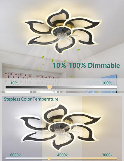 Flower Ceiling Fans with Lights and Remote, 34.5 Inch Modern Low Profile Flush Mount Ceiling Fan, Dimmable LED Ceiling Light Fixture, Small Ceiling Fans for Bedroom, Kitchen, Indoor-Black