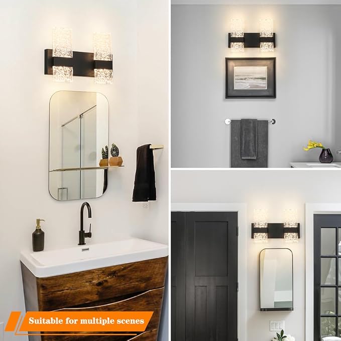 Modern Matte Black 2 Lights Bathroom Vanity Light, LED Bathroom Light Fixtures Over Mirror, Dimmable Acrylic Wall Lighting Fixtures, Hardwired Wall Light(H9.25in, L13.78in)