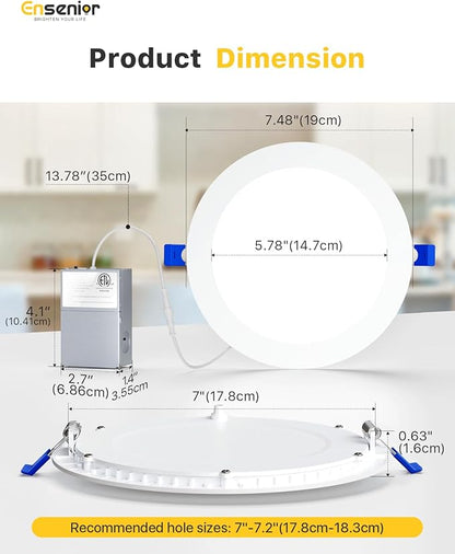 Ensenior 12 Pack 7 Inch LED Recessed Ceiling Light, Dimmable, 2700K-5000K 5CCT, 1600LM 15W 120V, High Brightness Canless Wafer Downligh