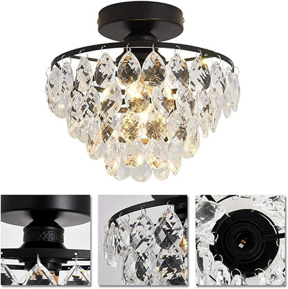 YYJLX Modern Small Crystal Ceiling Light Fixture Mini Black Semi Flush Mount Chandelier Light Fixture for Hallway Bedroom Bathroom Closet e26