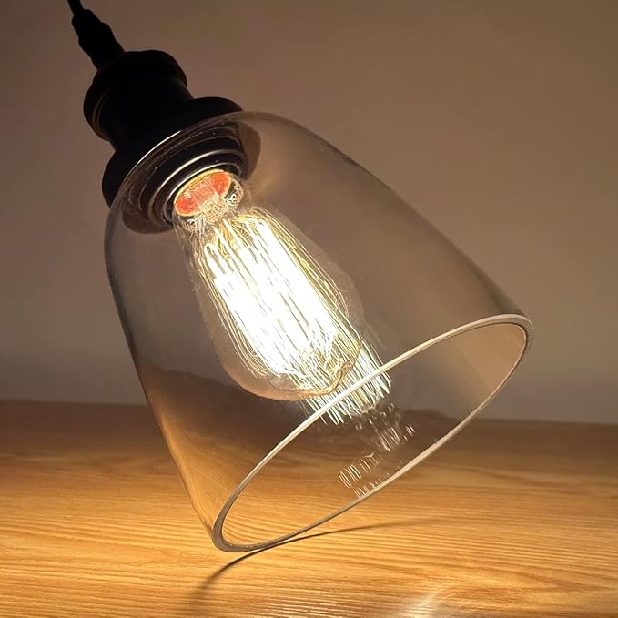 Pendant Light Over Island Hanging Lighting Industrial Clear Glass Adjustable Cord for Sink Kitchen Island Dining Room, Black, 1 Pack