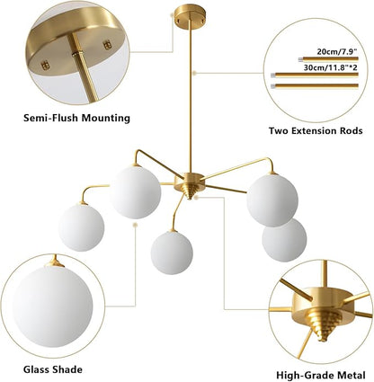 5 Light Modern Brass Chandelier Mid Century Gold Ceiling Light Fixture White Glass Globe Sputnik Chandelier for Dining Room Bedroom Kitchen