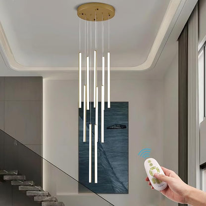 HuisMier 10 Lights Gold LED Chandeliers, Modern Dimmable Staircase Chandelier for High Ceiling with Remote Control, Long Foyer Chandelier for Living Room Entryway Hallway, 3000K-6000K