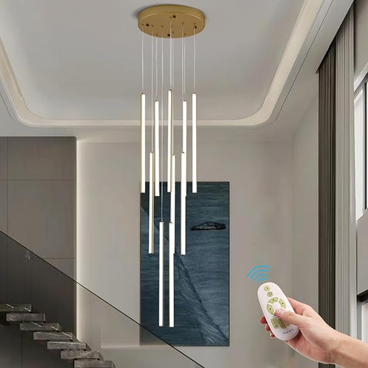 HuisMier 10 Lights Gold LED Chandeliers, Modern Dimmable Staircase Chandelier for High Ceiling with Remote Control, Long Foyer Chandelier for Living Room Entryway Hallway, 3000K-6000K