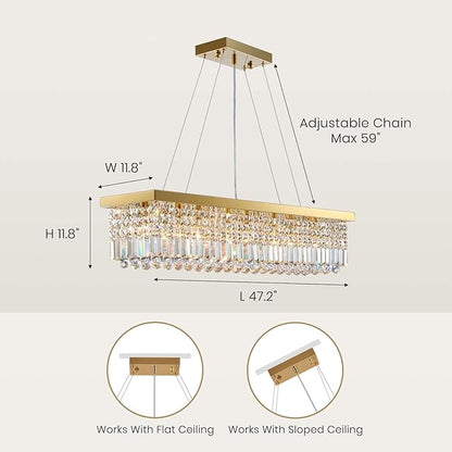 7PM Rectangle K9 Crystal Chandelier Modern Gold Crystal Chandelier Rectangular Pendant Lighting Fixture for Dining Room Kitchen Island Bedroom L47'' x W10'' x H10''