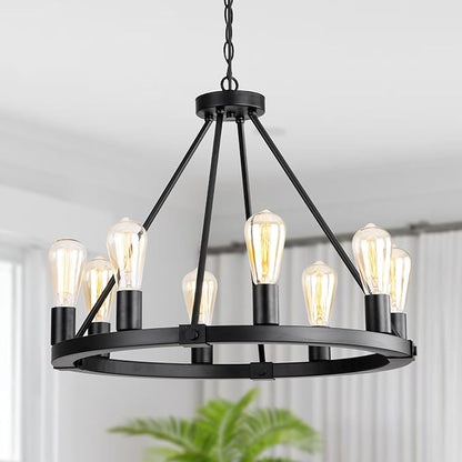 9MMML 23.6" 8 Lights Wagon Wheel Chandelier,Black Metal Round Industrial Vintage Kitchen Island Pendant Light for Living Dining Room Foyer Entryway,Height Adjustable,E26.