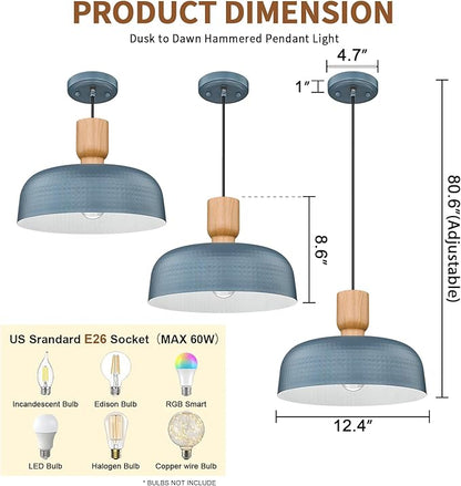 Darkaway Dusk to Dawn Industrial Pendant Light Fixtures Ceiling Hanging with Hammered Metal Shade, Blue Pendant Light for Outdoor Porch Lighting Hanging Lamp Adjustable Height