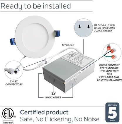 Nadair 1-Pack, 4 inches LED Ultra Slim Recessed Lights, 9W, 750 Lumens, 3000K (Warm White), White and Black Trim Included, Dimmable, IC Rated, ETL Certified