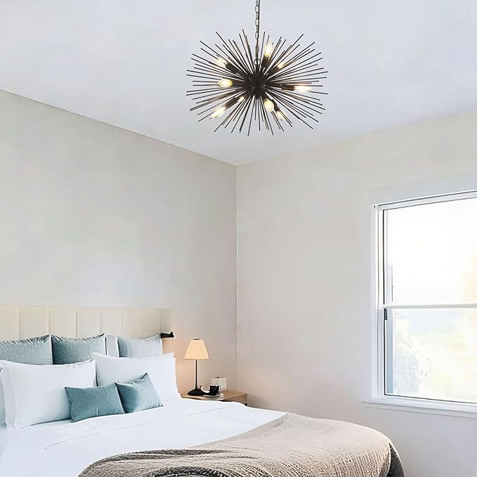 24in Black Sputnik Chandelier Light Fixture Over Table Modern 9-Lights Starburst Chandelier Solid Metal Satellite Sputnik Light Fixture for Dining Room, Kitchen Island, Bedroom,Foyer,Entryway