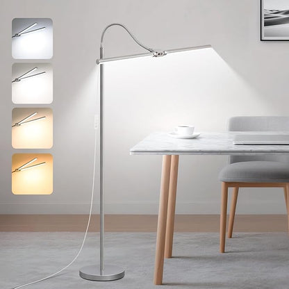 Bright Floor Lamp, 18W/2000LM Silver LED Floor Lamp with Double Head, Adjustable Gooseneck Dimmable Craft Light for Sewing Tatoo Puzzle，Eye Caring Reading Lamps for Living Room Bedroom Office