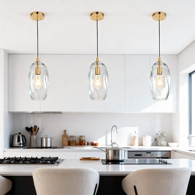 Gold Pendant Light Fixtures Adjustable Modern Kitchen Island Lighting Glass Organic Ceiling Hanging Light Fixtures for Bar, Counter, Patio, Over Sink, Dining Room,Table 12.5'' Height - Transparent