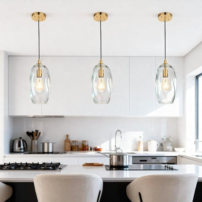 Gold Pendant Light Fixtures Adjustable Modern Kitchen Island Lighting Glass Organic Ceiling Hanging Light Fixtures for Bar, Counter, Patio, Over Sink, Dining Room,Table 12.5'' Height - Transparent