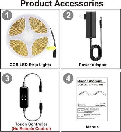 Pandery COB LED Strip Lights 5M,Touch Dimmable led Strips,16.4ft LED Tape Lights with CRI90+,4000K Natural White led Lights,1600LEDs,24V LED Rope Indoor for Bedroom,TV,Kitchen,Closet