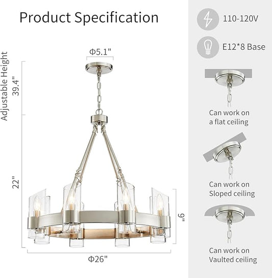 WUZUPS Wagon Wheel Chandelier 8-Light with Clear Glass Industrial Modern Farmhouse Round Light Fixture for Dining Room Kithen Island Foyer, Width 26" Height 22", Nickel