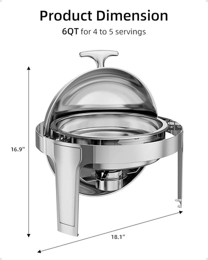 Takywep Roll Top Chafing Dish Buffet Set 6 QT,Stainless Steel Chafer Round Catering Food Warmer and Server with Lid Water Pan Stand Fuel Holder for Wedding,Parties,Events and Catering
