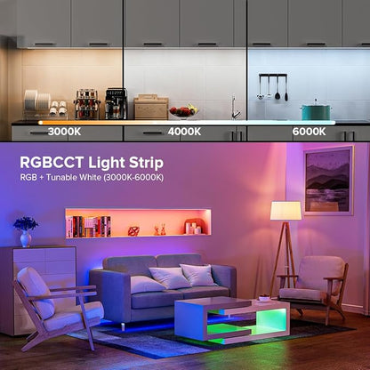 BTF-LIGHTING FCOB COB RGBCCT Color Changing LED Strip IP66,UL Listed 840LED/m High Density 16.4FT RGB+Tunable White 3000K-6000K DC24V 12mm Width Flexible Light for Home Decor(No Adapter & Controller)