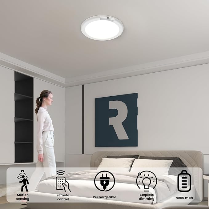 Rechargeable Motion Sensor Ceiling Light Fixture, 7.5inch Dimmable 3000K/4500K/6500K Adjustable Round White Closet Light for Hallway Bathroom Kitchen, Timer, 500LM,RA80