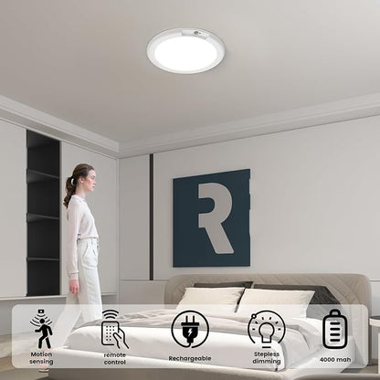 Rechargeable Motion Sensor Ceiling Light Fixture, 7.5inch Dimmable 3000K/4500K/6500K Adjustable Round White Closet Light for Hallway Bathroom Kitchen, Timer, 500LM,RA80