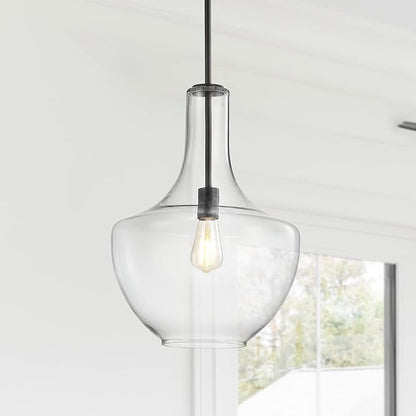 JONATHAN Y 13.25" Oil Rubbed Bronze/Clear Mid-Century Modern 1-Light LED Pendant Light Fixture, Adjustable Schoolhouse Hanging Lamp for Kitchen Island, Clear Glass Shade, LED Bulb Included (JYL6401B)