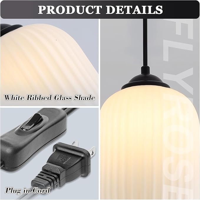 Small Black Pendant Light with Plug in Cord Mini Cylinder Glass Pendant Light Bedside Pendant Lights Plug in Milk Glass Hanging Dining Room Light Fixture