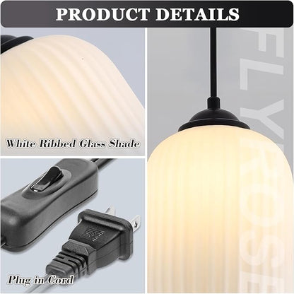 Small Black Pendant Light with Plug in Cord Mini Cylinder Glass Pendant Light Bedside Pendant Lights Plug in Milk Glass Hanging Dining Room Light Fixture