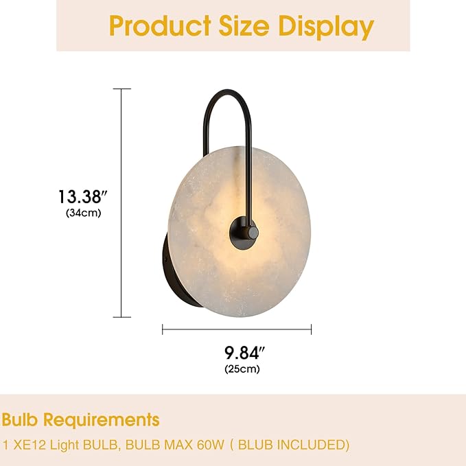 Round Alabaster Wall Sconce Set of Two, Natural Marble Lampshade Wall Sconce, Hardwired Circular Sconce LED Modern Wall Lamp for Bedroom, Stairs, Living Room, Bedside, Hallway 9.84 Inch Black