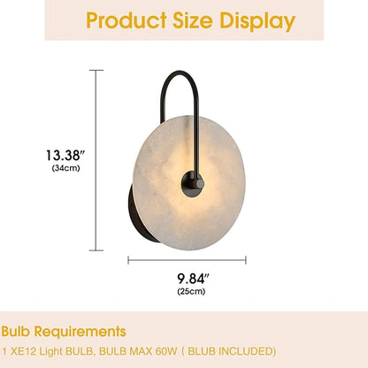 Round Alabaster Wall Sconce Set of Two, Natural Marble Lampshade Wall Sconce, Hardwired Circular Sconce LED Modern Wall Lamp for Bedroom, Stairs, Living Room, Bedside, Hallway 9.84 Inch Black