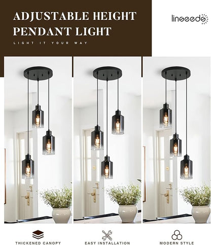 3-Light Black Pendant Lighting, Adjustable Modern Pendant Lights for Kitchen Island, Industrial Cluster Hanging Lights for Dining Table Hallway Bedroom Living Room
