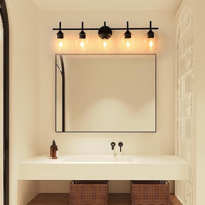 Bathroom Light Fixtures 5-Light Black Vanity Light with Clear Glass Shade, Modern Wall Lights for Bedroom Hallway Living Room (Black, 5-Light)