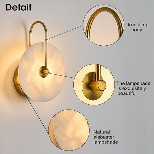 Round Alabaster Wall Sconce, Natural Marble Lampshade Wall Sconce, Hardwired Circular Sconce LED Modern Wall Lamp for Bedroom, Stairs, Living Room, Bedside, Hallway 9.84 Inch Gold