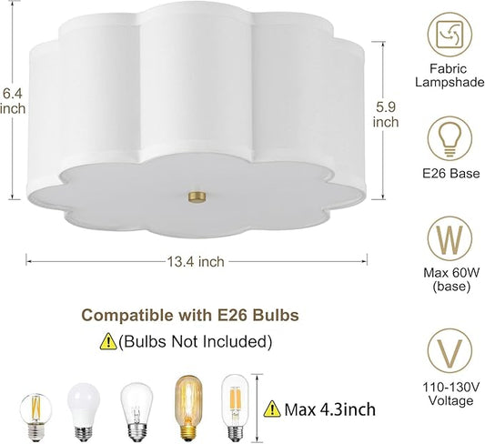 13.4"Semi Flush Mount Ceiling Light Fixture, 3-Light Modern Close to Ceiling Light With Fabric Flower-Shaped Shade, Light Fixtures Ceiling Mount for Bedroom Nursery Kids Room Living Room(Gold)