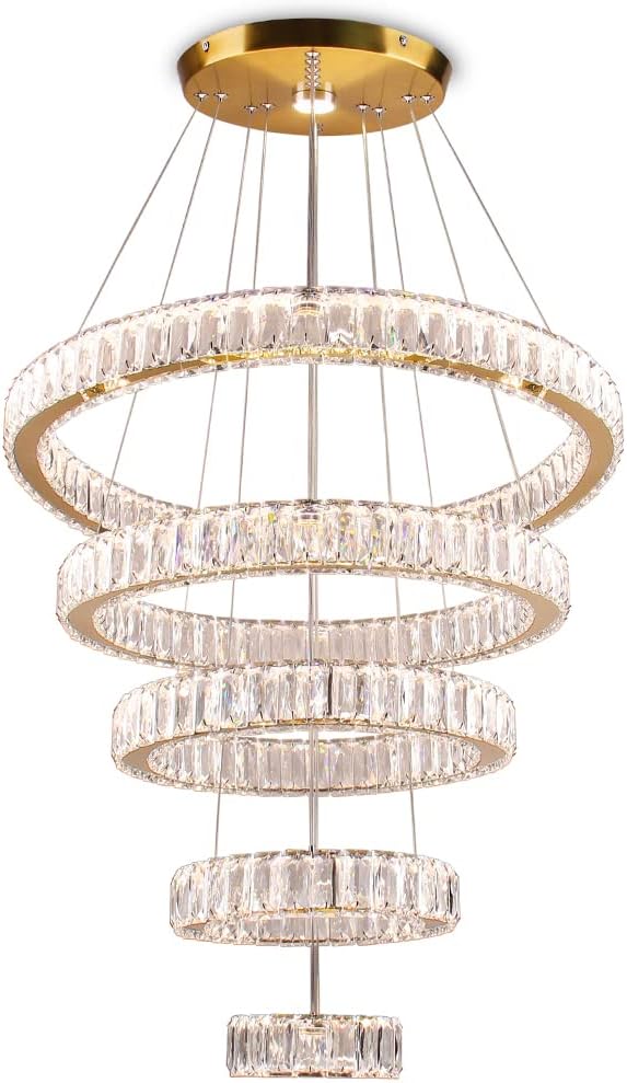 Dixun LED Big Crystal Chandeliers Modern 5 Rings Pendant Light Adjustable Ceiling Light for Bedroom Dinning Room Kitchen (Multicolor,Control by Switch)