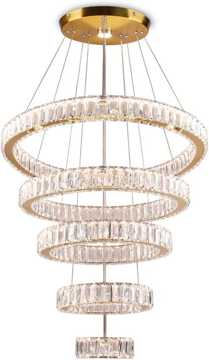 Dixun LED Big Crystal Chandeliers Modern 5 Rings Pendant Light Adjustable Ceiling Light for Bedroom Dinning Room Kitchen (Multicolor,Control by Switch)