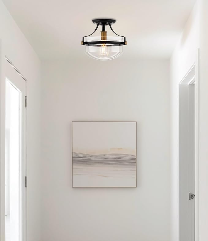 Kira Home Zurich 12" Modern Industrial Semi-Flush Mount Ceiling Light, Two-Tone Fixture with Clear Glass Schoolhouse Bowl Shade, Warm Brass and Black Finish