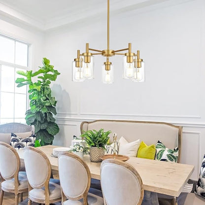 Retro Large Chandelier with Clear Glass Shade Metal Indoor Kitchen Island Pendant Lighting in Gold Finish Modern Light Fixture Hanging for Dining Room