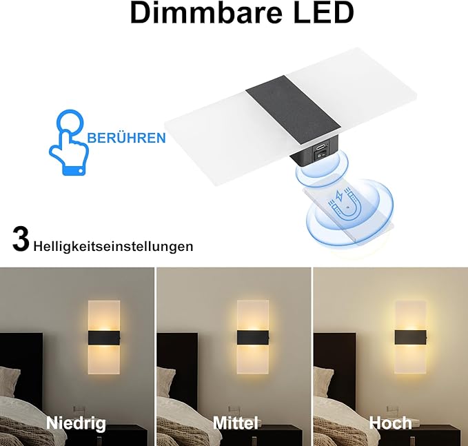 Wall Sconce Battery Operated Set of 2, 4000mAh Rechargeable Wall Lights with Touch Control, Wireless Wall Lamps for Bedroom, Night Lights for Hallway Stairway Porch Closet