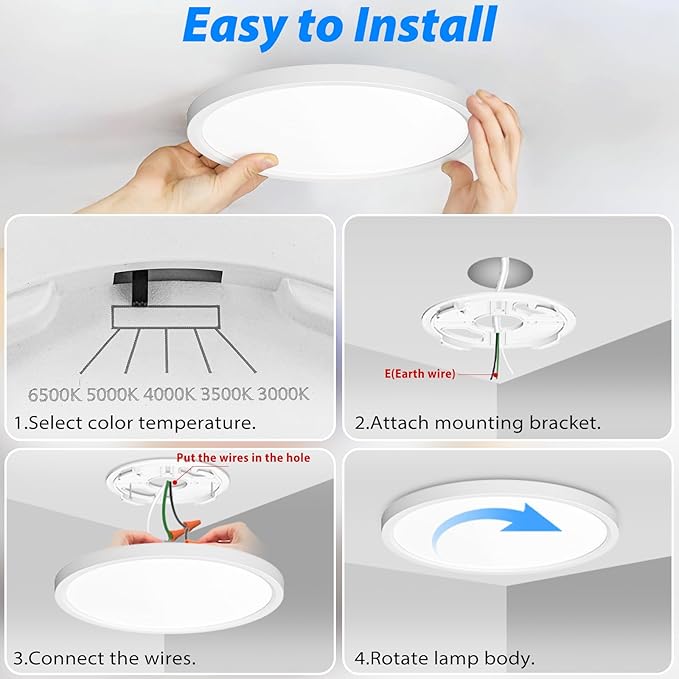 Peasur 7 inch LED Ceiling Light, 3000K/3500K/4000K/5000K/6500K Adjustable Flush Mount Light Fixture,1500LM 15W Thin White Round Lamp for Hallway Kitchen Bathroom Bedroom