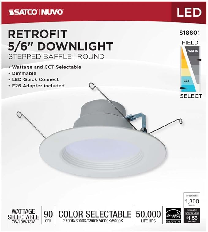 Satco LED Retrofit Downlight with Stepped Baffle, CCT and Wattage Selectable, 5-6 Inch Round, White