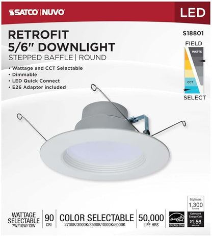Satco LED Retrofit Downlight with Stepped Baffle, CCT and Wattage Selectable, 5-6 Inch Round, White