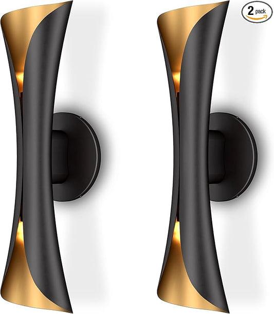 Tubicen Wall Sconces Set of Two Dimmable Mid-Century Modern Black and Gold Sconce Up Down Wall Lights Hardwired Indoor Art Deco Wall Sconces for Living Room Bedroom Movie Theater Hallway 15.7" H
