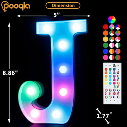 Pooqla Colorful Light Up Letters with Remote, Upgraded 35 Colors LED Marquee Letters, RGB Lighted Letter for Girls Teenager Gift, Birthday, Party, Wedding, Night Light, Room, Bedroom Decor, Letter J