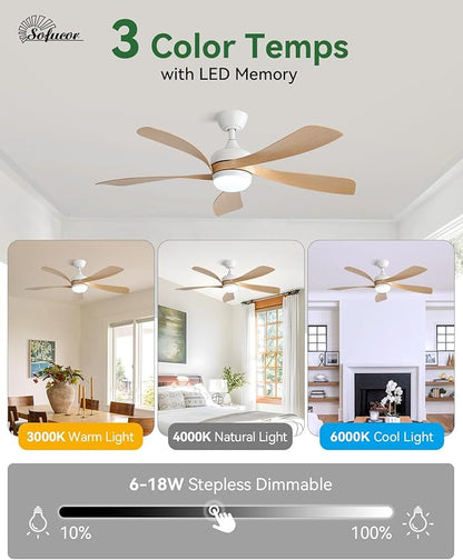 Sofucor 52 Inch Ceiling Fans with Lights and Remote, Outdoor Ceiling Fan with Light 6-Speed 3 CCT 3-Timer, Modern Low Profile Ceiling Fan 5 Blade Reversible DC Motor for Living Room Bedroom Patio