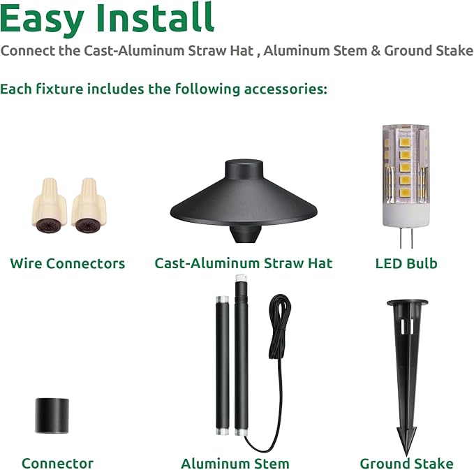 Lumina Lighting® Low Voltage Landscape Lighting Cast-Aluminum Path and Area Light Warm White 3W G4 LED Bulb and ABS Ground Stake Included for Yard Walkway Lawn PAL0106-BkLED6 (Black,6-Pack)