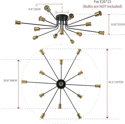Black and Gold Oversized Semi Flush Mount Ceiling Light Fixture 13-Lights Modern Large Sputnik Chandelier for Office Living Room Bedroom Dining Room Kitchen
