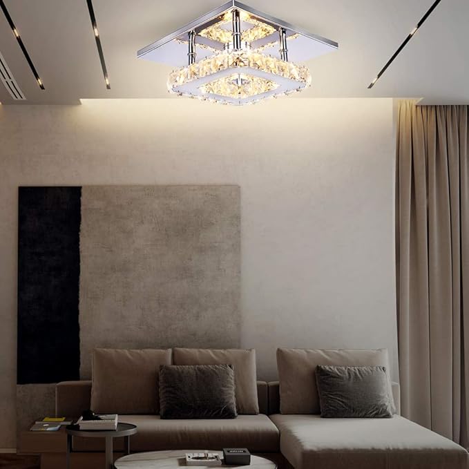 Small Led Chandelier Semi Flush Mount Crystal Lighting Modern Ceiling Crystal Lamp for Bedrooms Dinning Rooms Hallway (Warm)