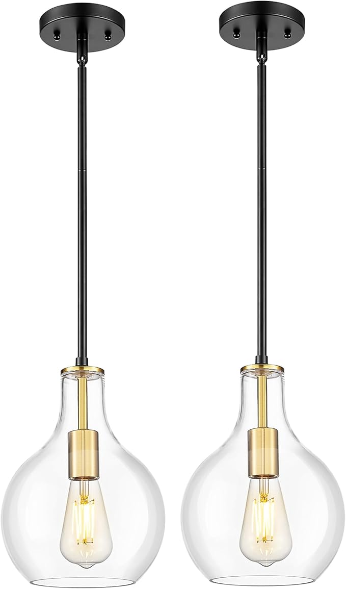 Emak 2 Pack Modern Pendant Lights Kitchen Island, Black and Gold Pendant Light Fixtures with Clear Glass Shade, Farmhouse Hanging Lights for Kitchen, Dining Room, Bathroom, PL125-BKBGD-CG-2PK