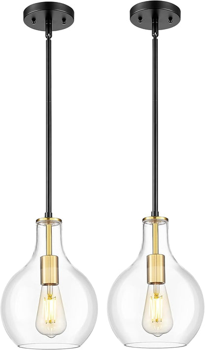 Emak 2 Pack Modern Pendant Lights Kitchen Island, Black and Gold Pendant Light Fixtures with Clear Glass Shade, Farmhouse Hanging Lights for Kitchen, Dining Room, Bathroom, PL125-BKBGD-CG-2PK